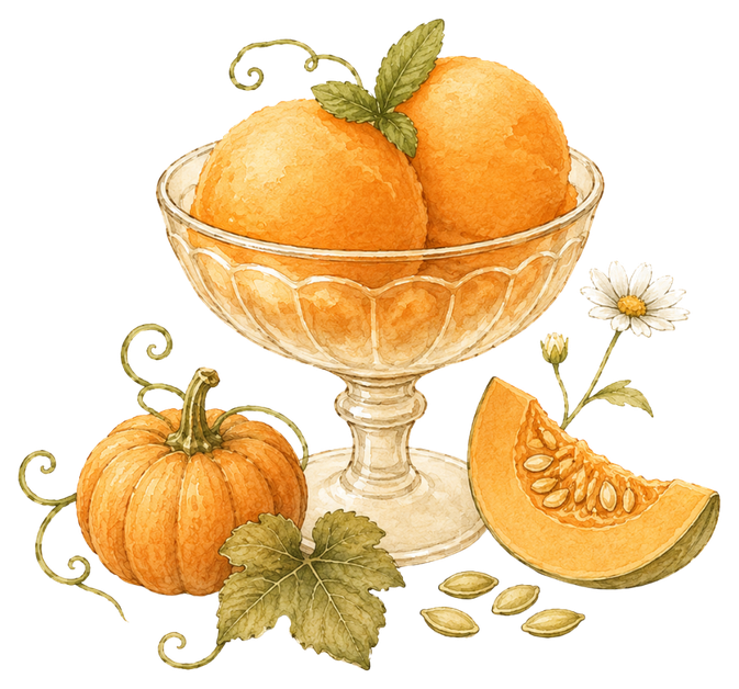 Coppa di sorbetto di zucca con zucca, semi e fiore di campo